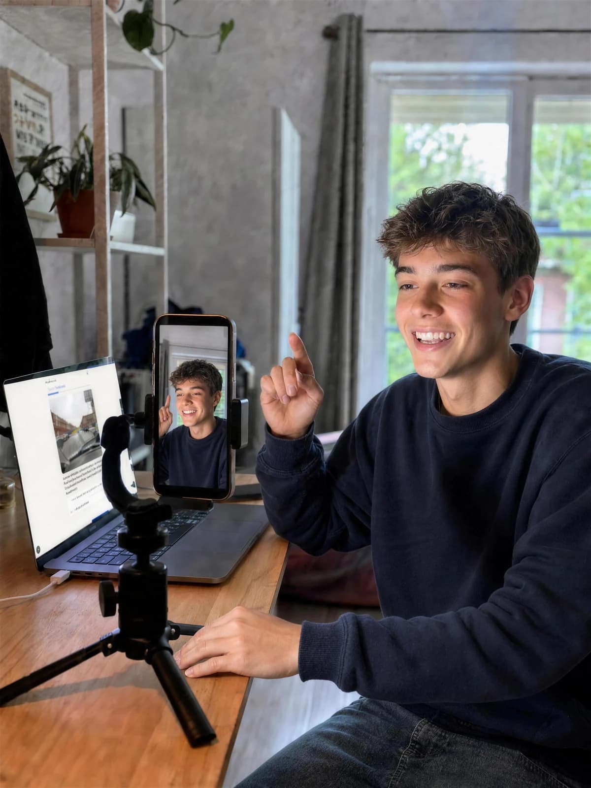 Un créateur en direct depuis sa chambre : son téléphone à la verticale sur un trépied le filme, et son ordinateur affiche une question d'examen GoPep.